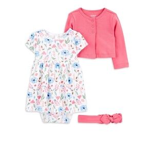 Carter's White Floral Dress Set with Pink Cardigan & Headband